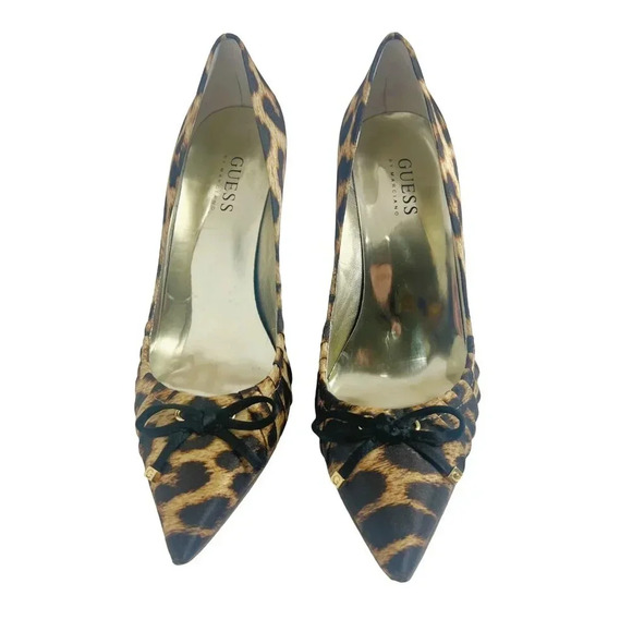 Guess Leopard Print Satin Pumps Black Bows Pointed Toe Heels Women's Size 7 - Picture 3 of 10